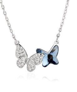 "Butterfly Grace" Crystal Necklace – Silver Plated Double Butterfly with Blue Zircon and CZ Pavé