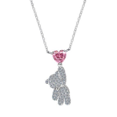 “Pink Guardian” 925 Sterling Silver Pink Heart Bear Necklace